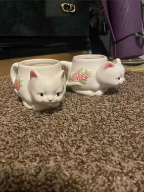 White Ceramic Cat mugs with Pink Rose Accents